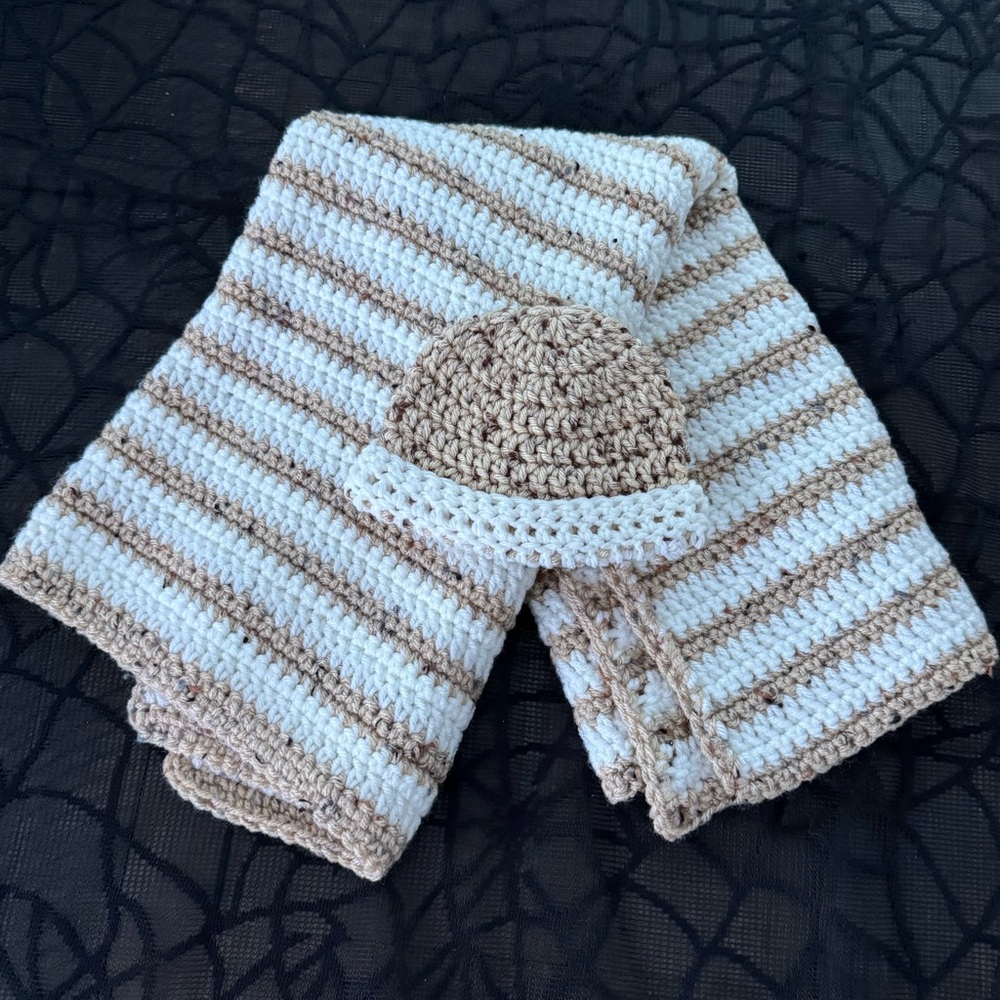 Handmade Crochet Striped Tan and White Baby Blanket Afghan